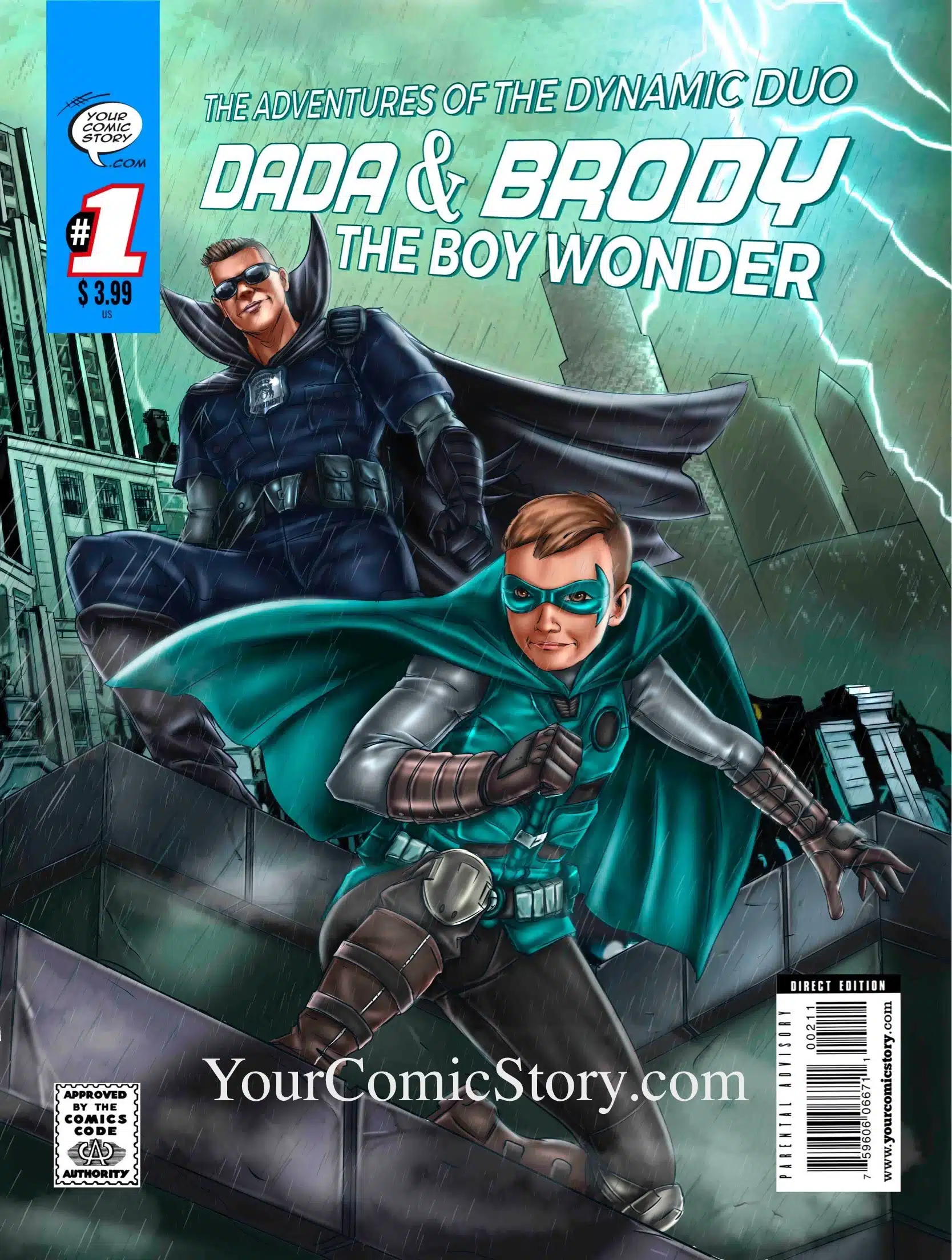 personalized comic book cover with a parent and a child depicted as superheroes