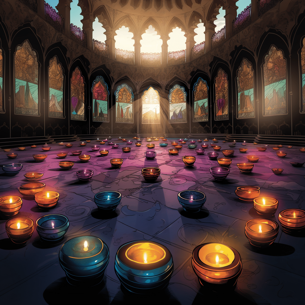 diwali diyas in a temple, comic book illustration
