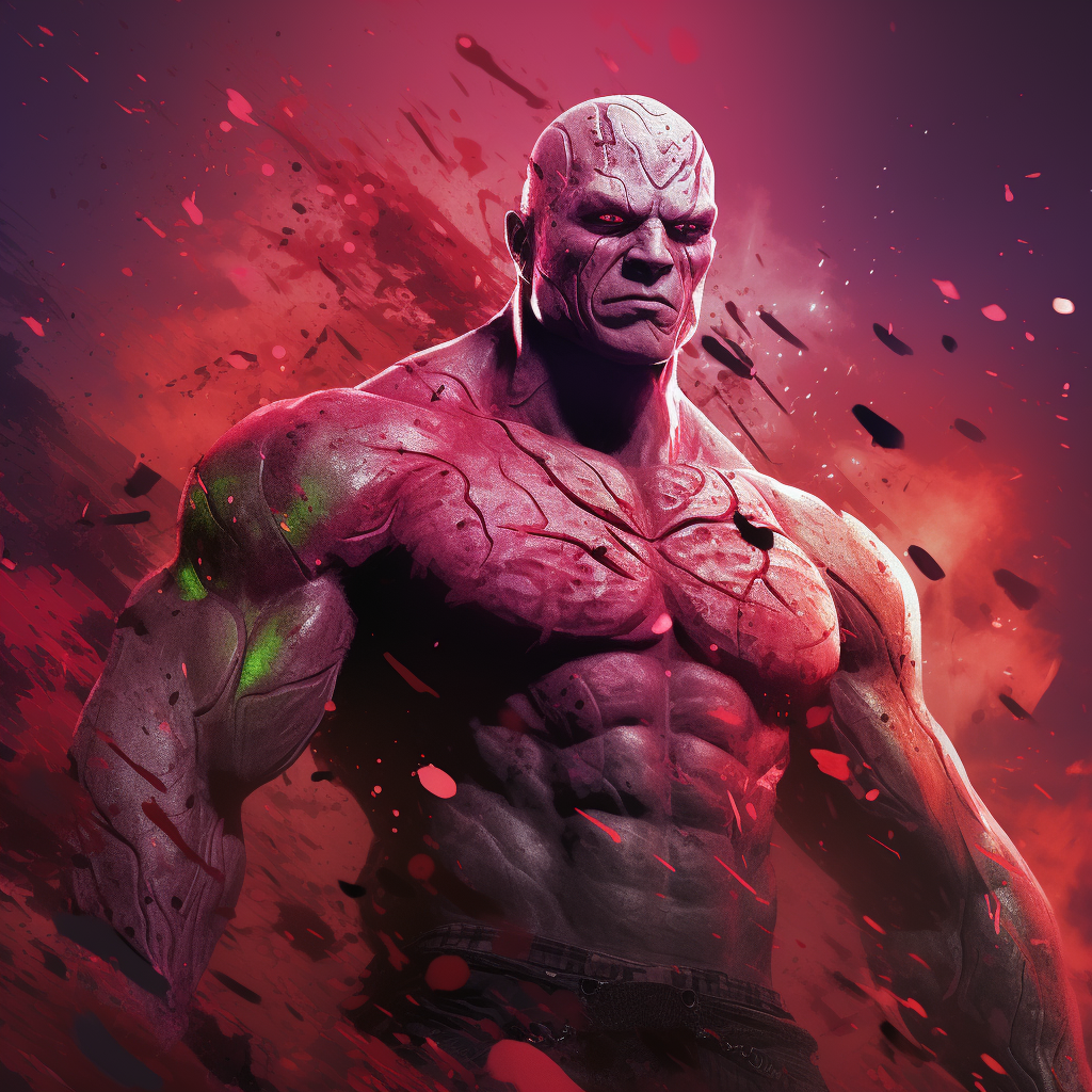 Bald Drax the-Destroyer portrait, masculine, powerful, red background