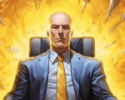 Bald Professor X with his eyes closed, half portrait, with yellow colors in the background.