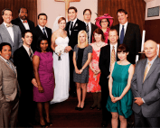 Group photo of the cast of the tv show The Office at Jim and Pam's wedding